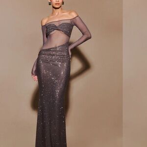 Meshki Glittering Off-Shoulder Maxi Dress - Gunmetal silver